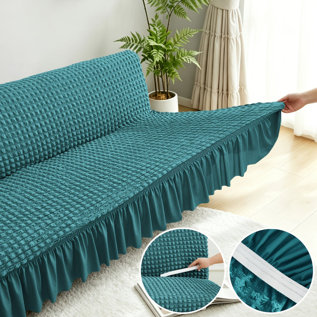 Housse de canapé extensible en jacquard à volants, détail de la finition