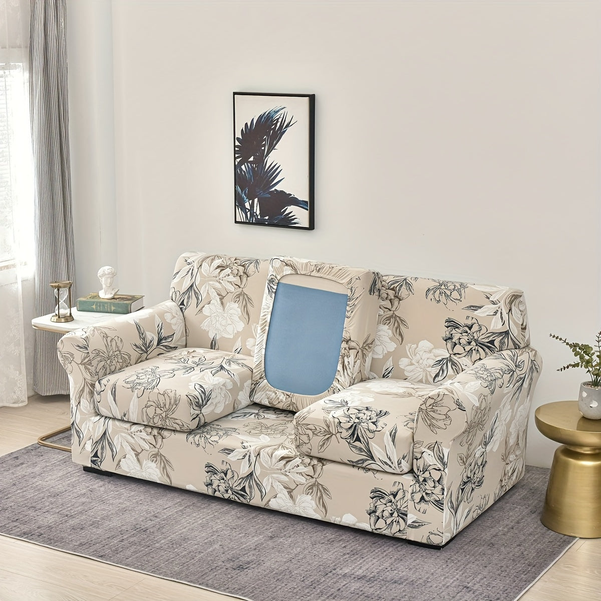 Housse de canapé extensible en polyester délavée, gros plan sur le tissu