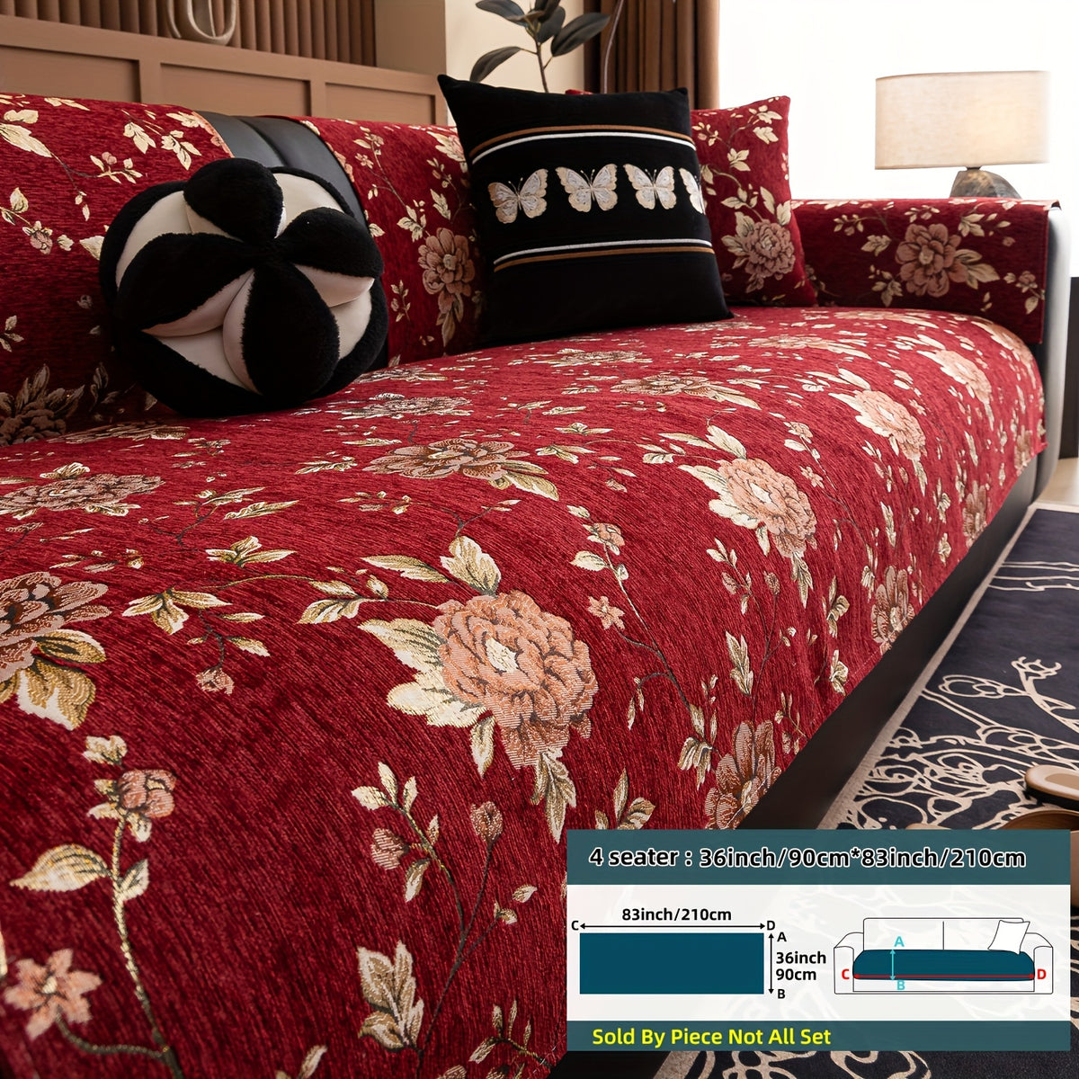 Housse de canapé en chenille jacquard à motif pivoine antidérapante, visuel produit