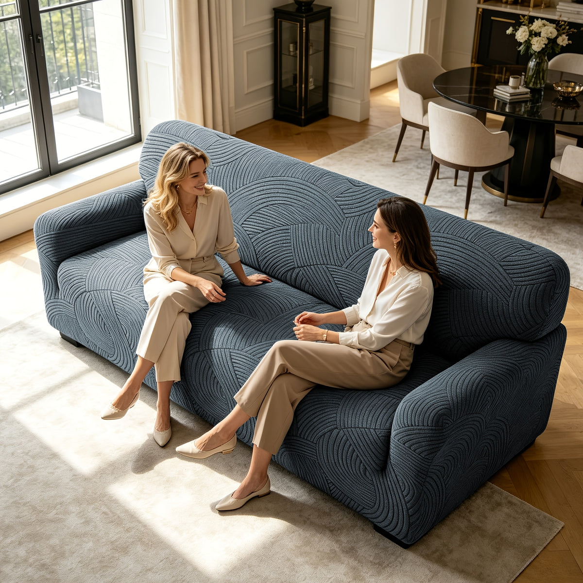 Housse de canapé extensible en polaire jacquard à motif géométrique, vue d'ensemble