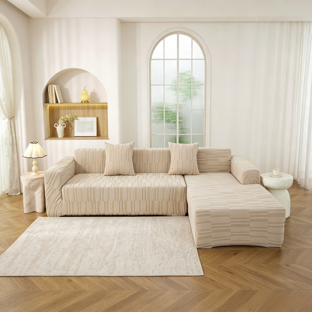 Housse de canapé extensible en peluche jacquard à rayures, détail de la finition