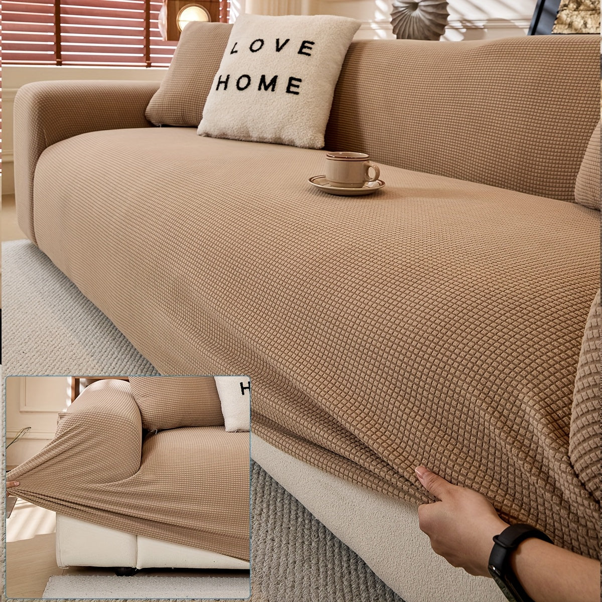 Housse de canapé épaisse extensible en polaire jacquard anti-griffes, détail de la finition