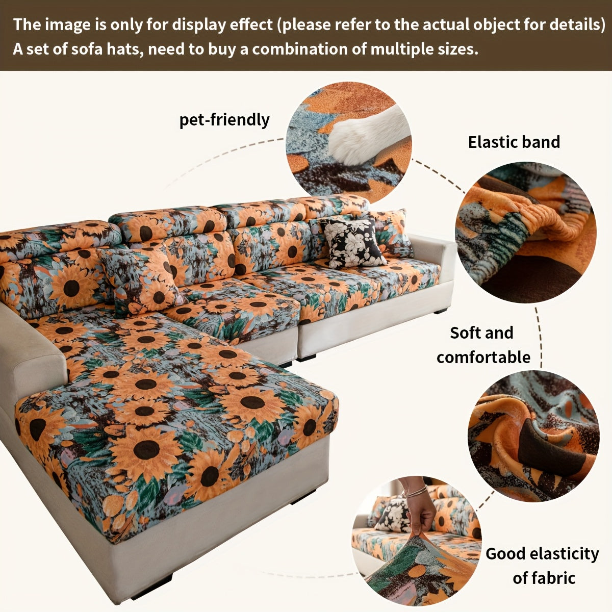 Housse de canapé extensible en polaire matelassée à motif tournesol, détail de l'ourlet