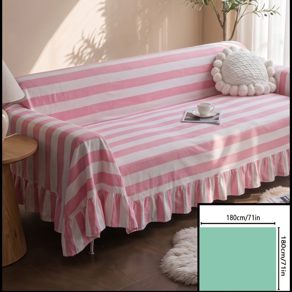Housse de canapé en polyester en fils teints à rayures à volants — détail de la matière : polyester