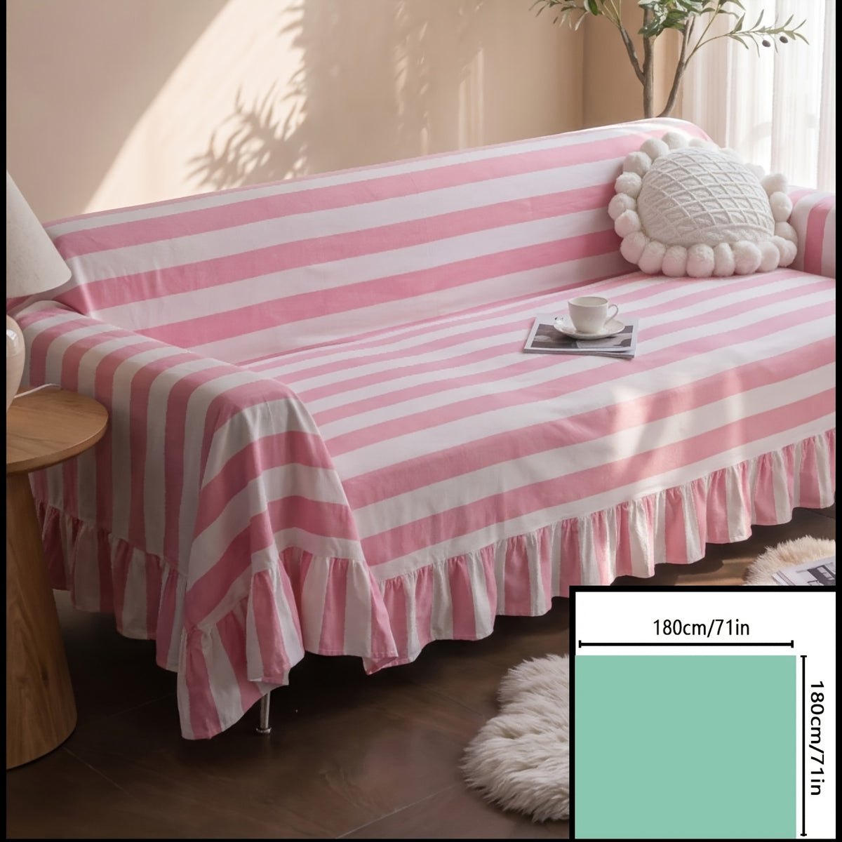 Housse de canapé en polyester en fils teints à rayures à volants — détail de la matière : polyester Image