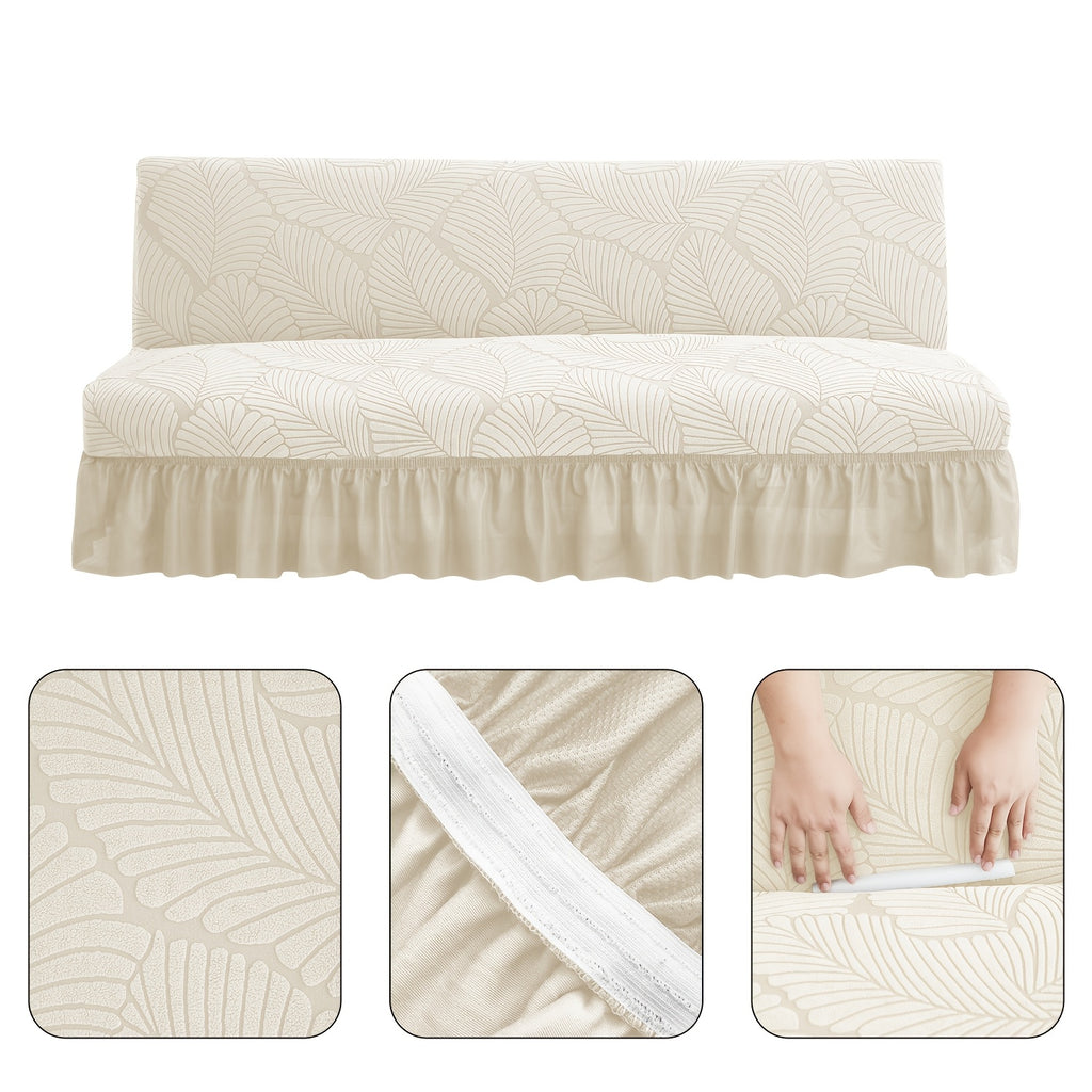 Housse de canapé extensible en jacquard à motif feuillage à volants, gros plan sur le tissu