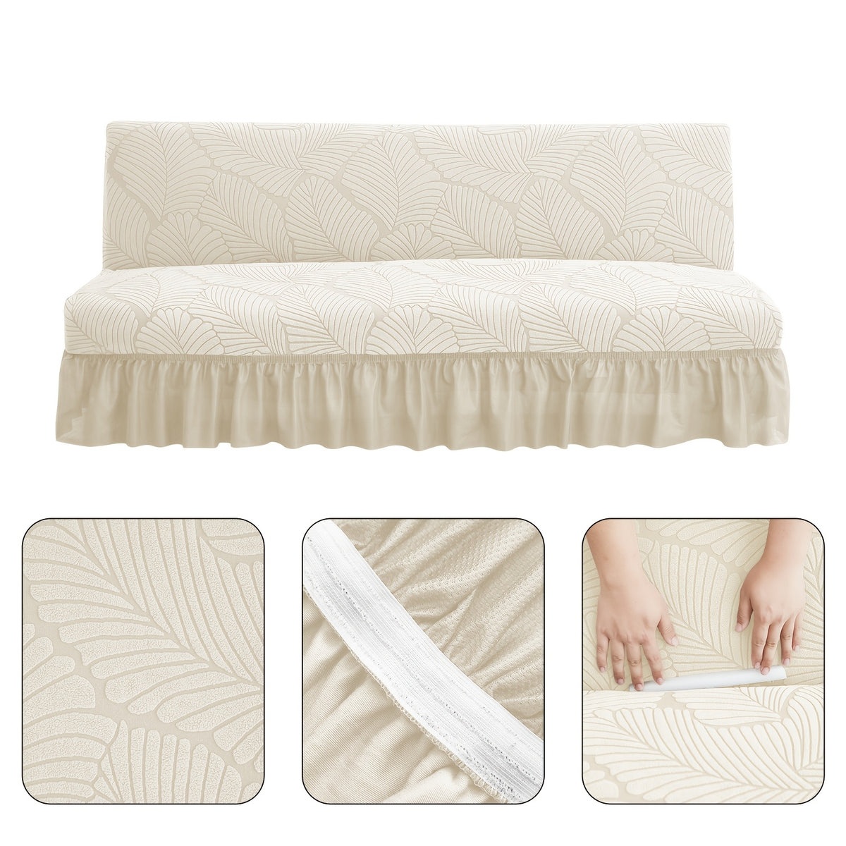 Housse de canapé extensible en jacquard à motif feuillage à volants, gros plan sur le tissu