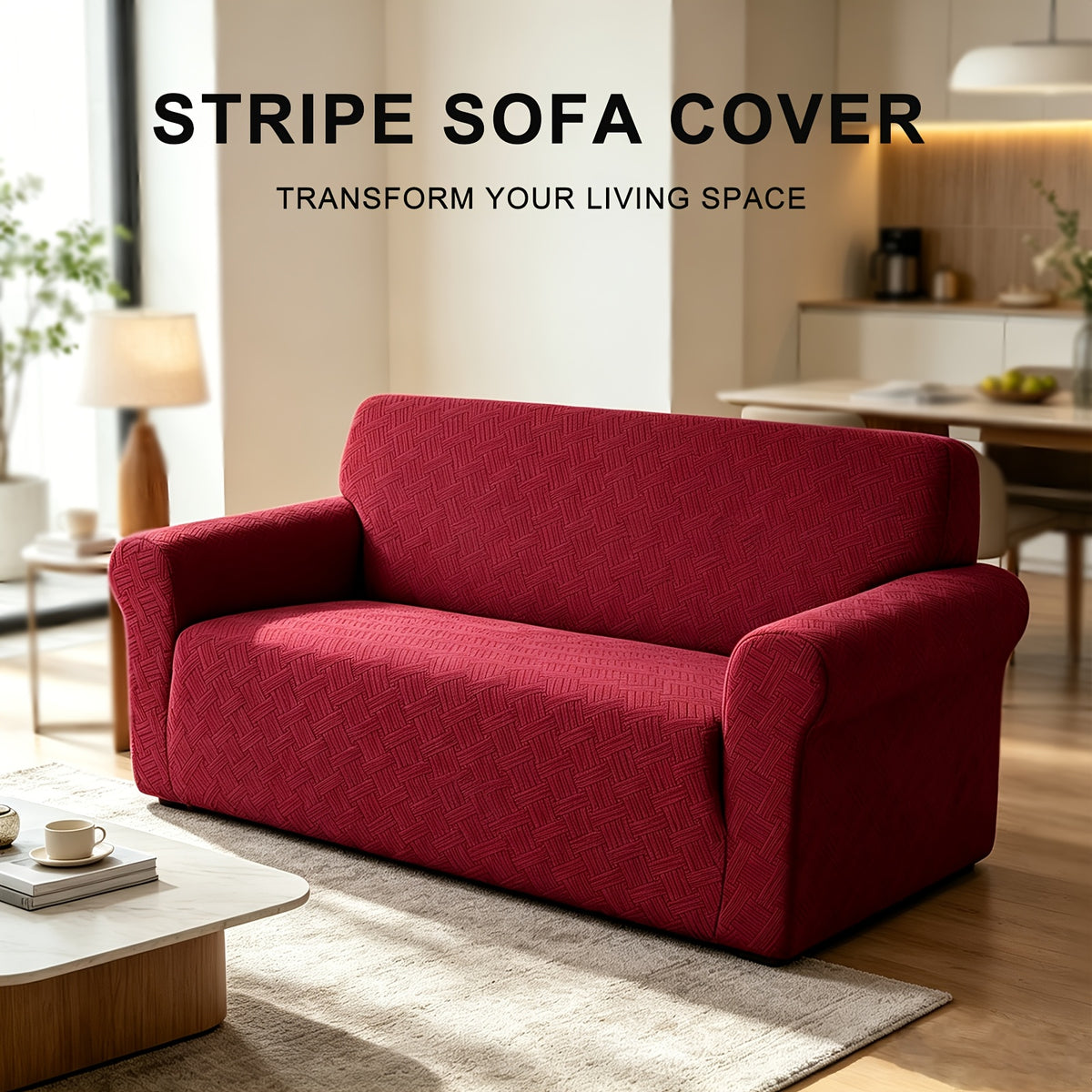 Housse de canapé extensible en polaire jacquard à rayures au rendu glamour — détail de la matière : polaire Image
