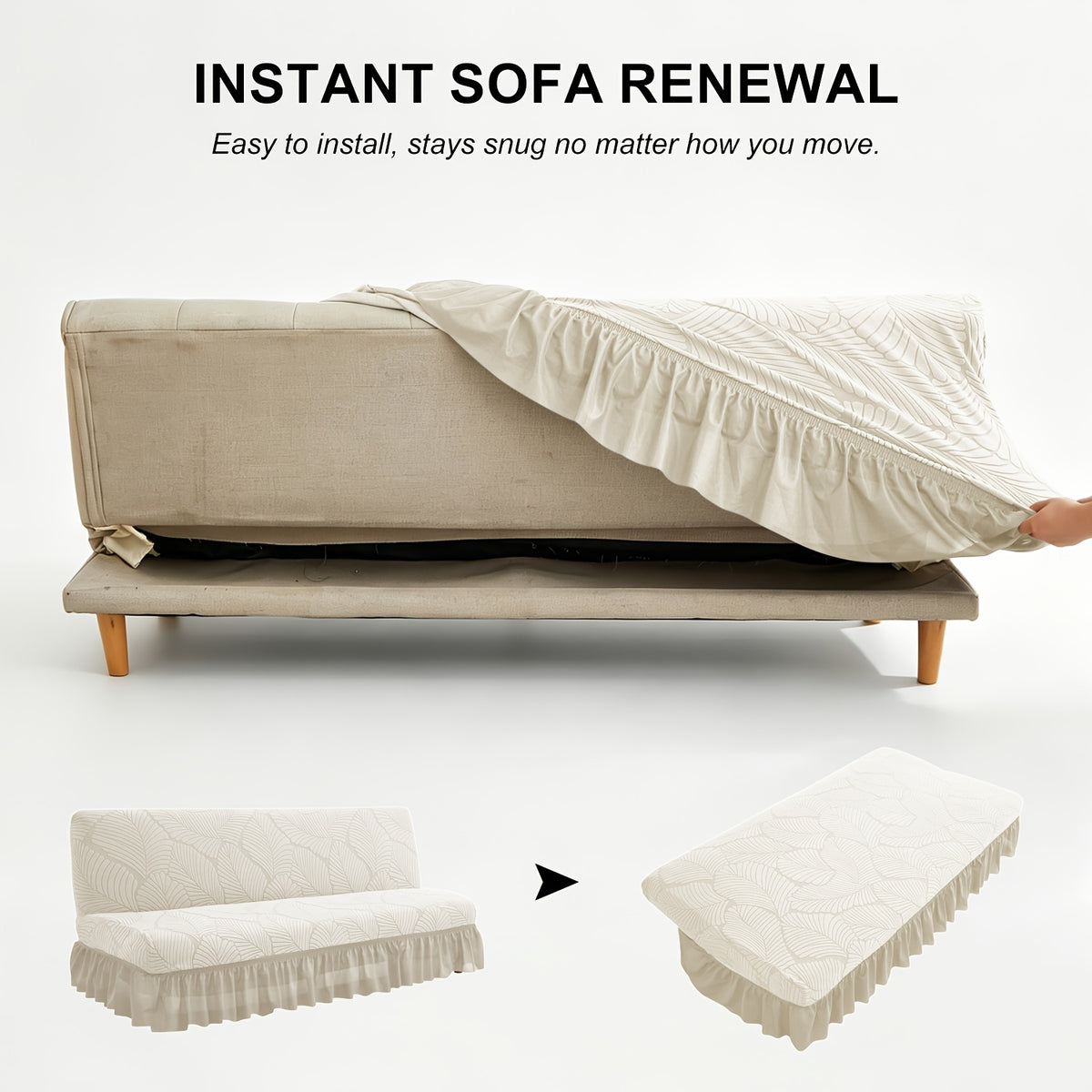 Housse de canapé extensible en jacquard à motif feuillage à volants, gros plan sur le tissu