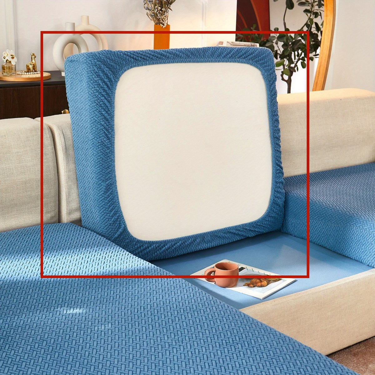 Housse de coussin extensible en polaire jacquard, mise en situation