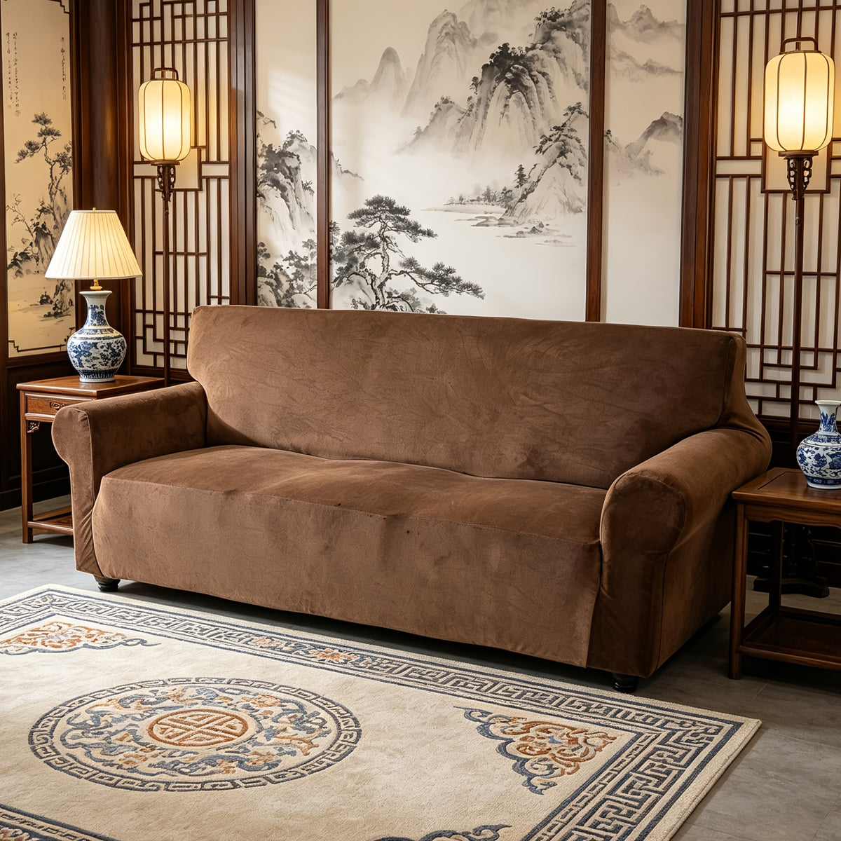 Housse de canapé extensible en velours, vue de dos