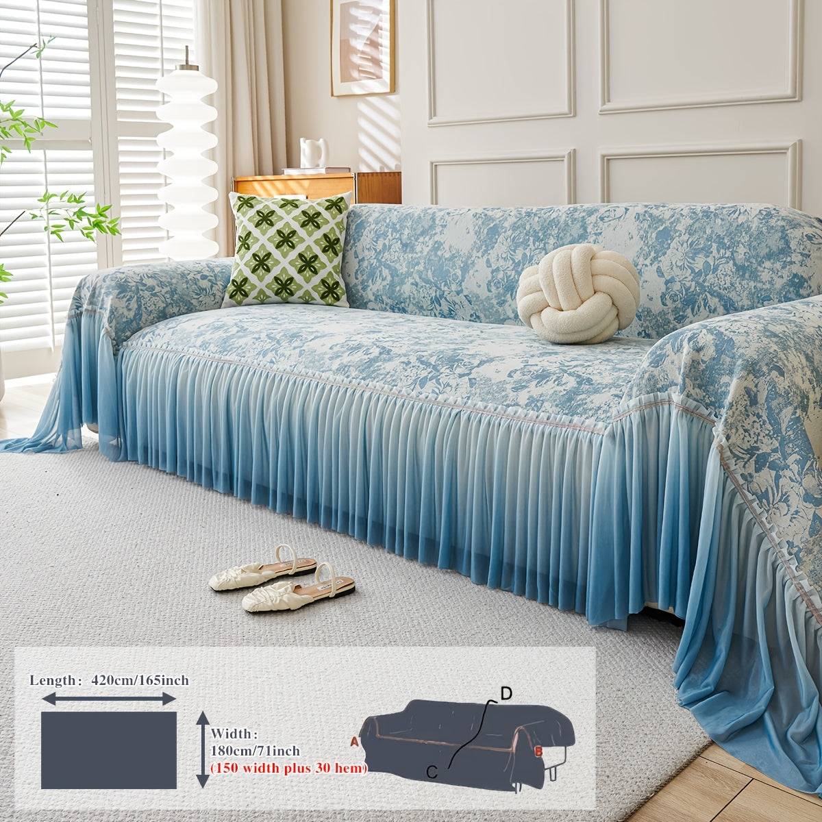 Housse de canapé épaisse en chenille jacquard à volants, vue de dos