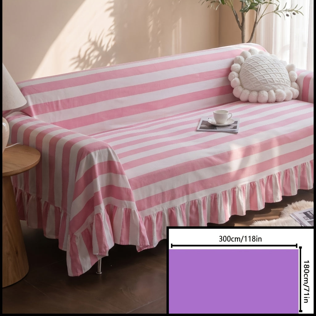 Housse de canapé en polyester en fils teints à rayures à volants, vue d'ensemble