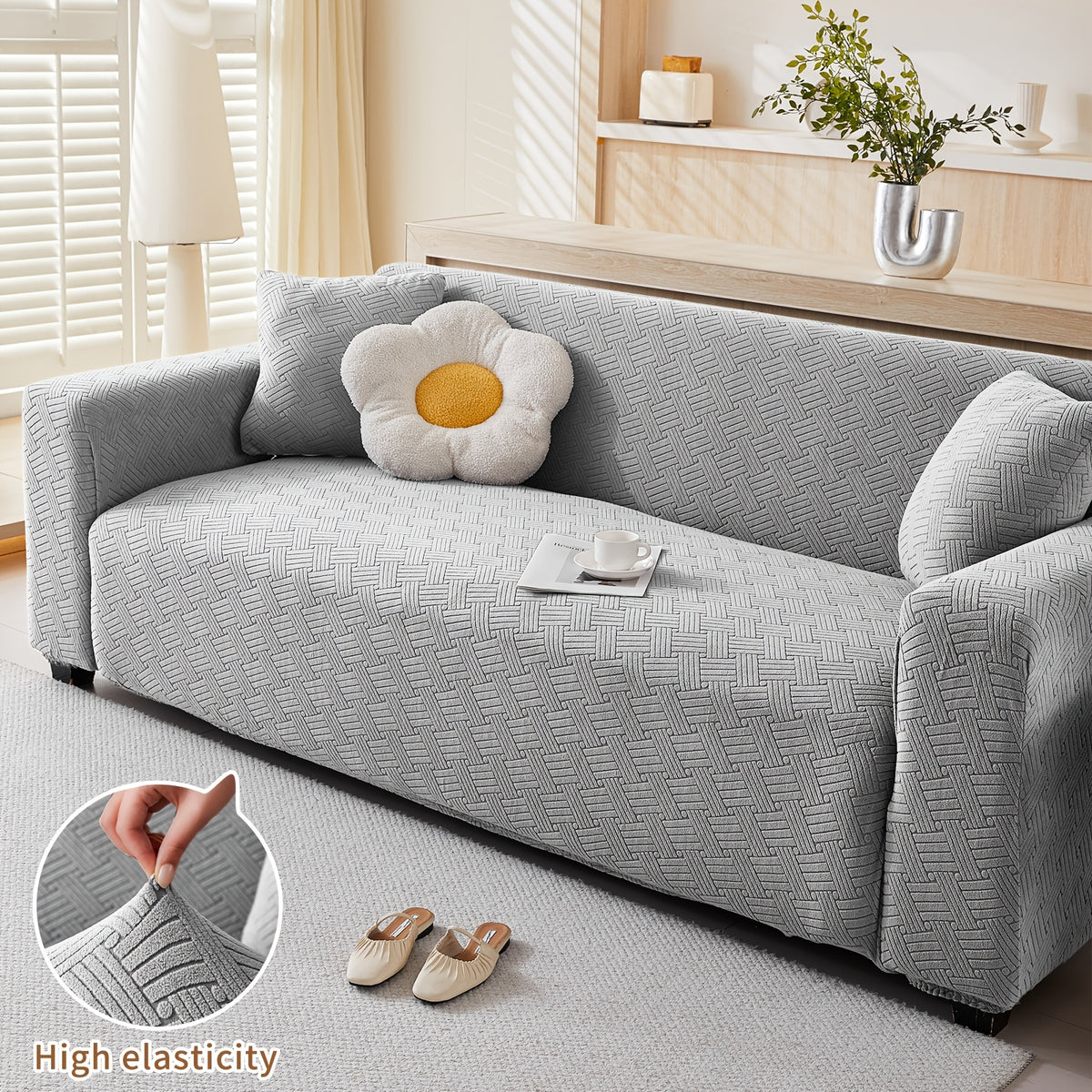 Housse de canapé épaisse extensible en polaire jacquard, vue d'ensemble
