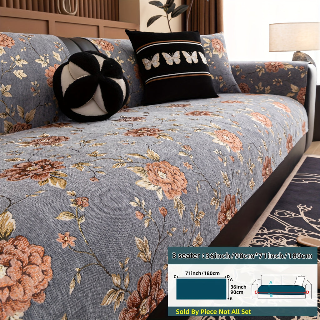 Housse de canapé en chenille jacquard à motif pivoine antidérapante, visuel produit