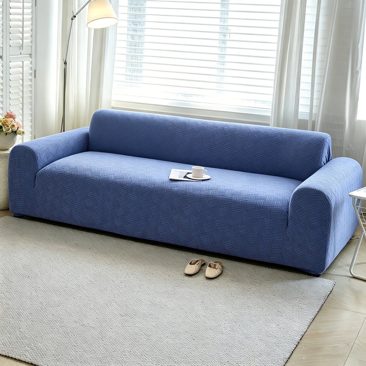 Housse de canapé extensible en polaire jacquard à rayures, gros plan sur le tissu