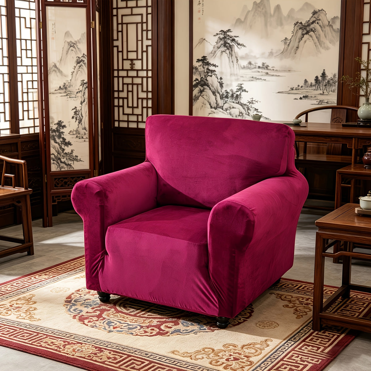 Housse de canapé extensible en velours, mise en situation