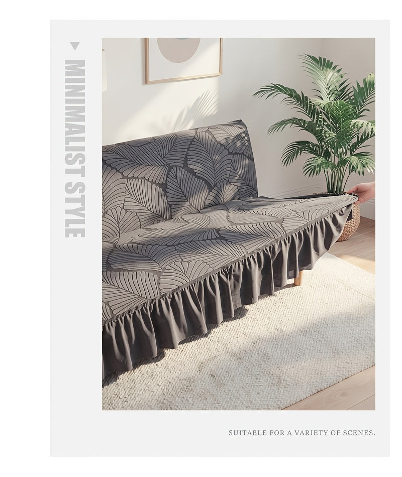 Housse de canapé extensible en jacquard à motif feuillage à volants — détail de la matière : jacquard