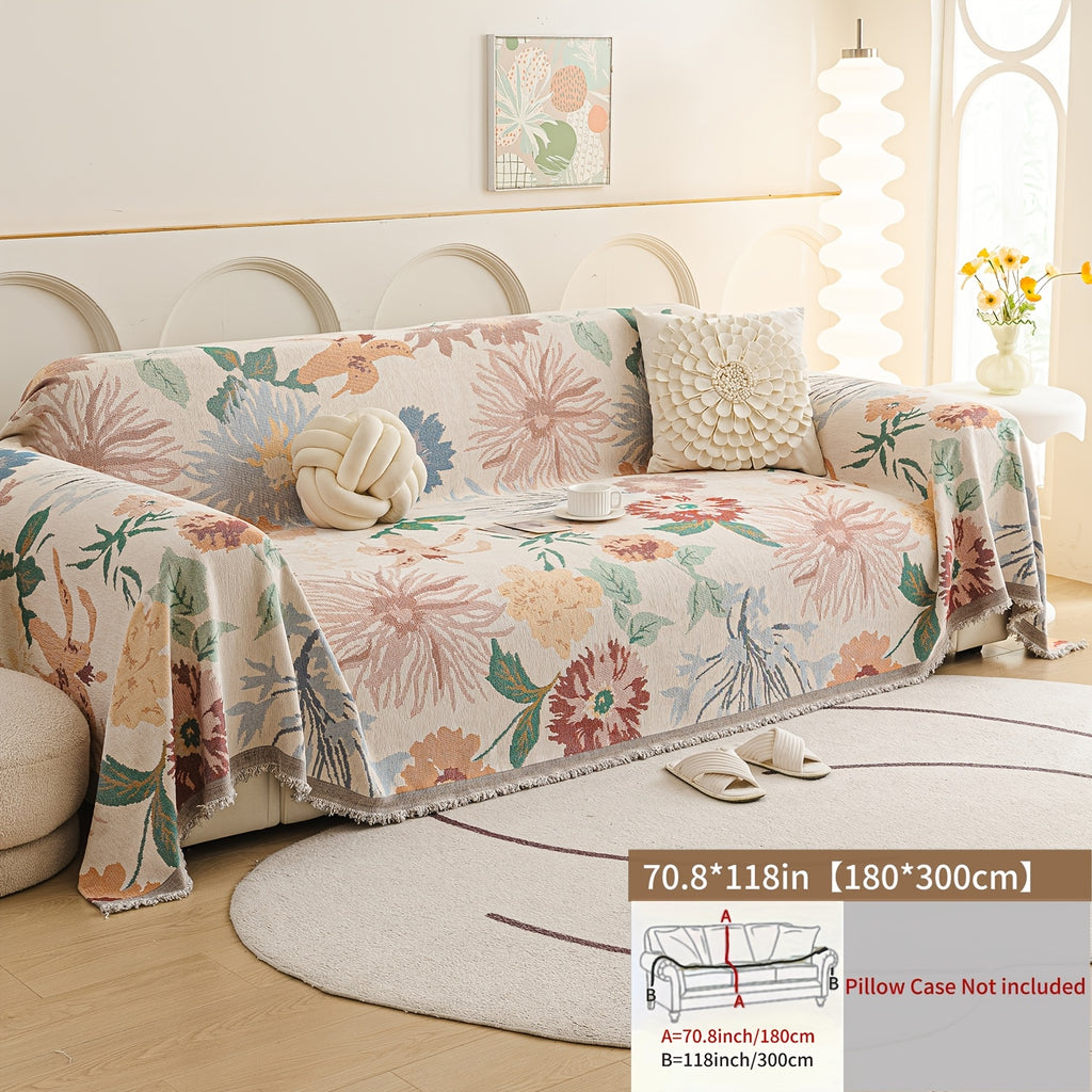 Housse de canapé en chenille jacquard à motif fleuri antidérapante, détail de la finition