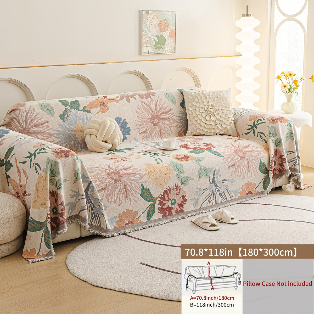 Housse de canapé en chenille jacquard à motif fleuri antidérapante, détail de la finition