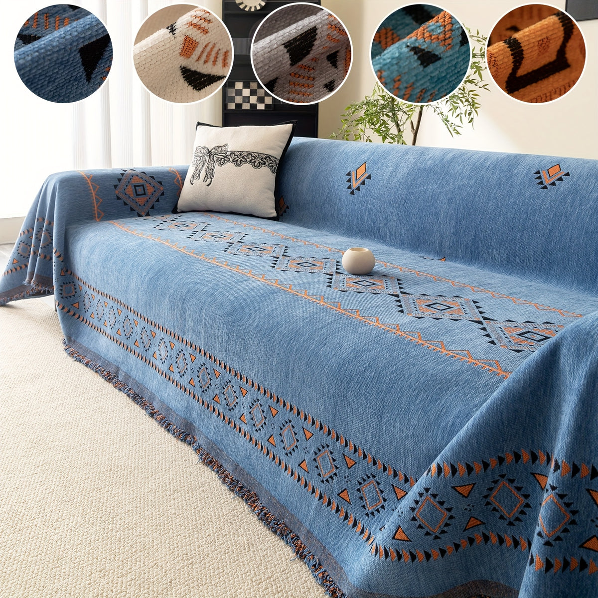 Housse de canapé épaisse en chenille jacquard d'esprit bohème — détail de la matière : chenille