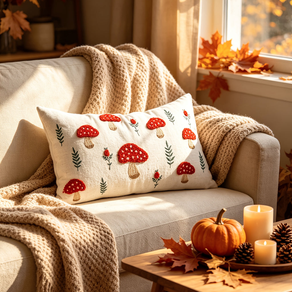 Housse de coussin en polyester à motif feuillage — détail de la matière : polyester