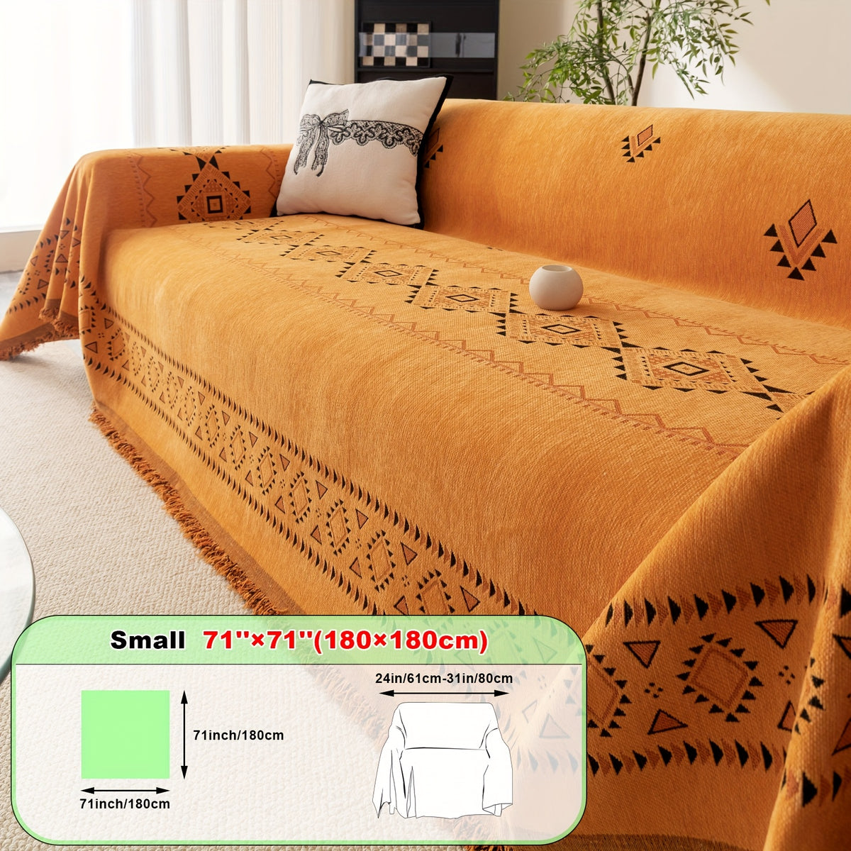 Housse de canapé épaisse en chenille jacquard d'esprit bohème, détail de l'ourlet