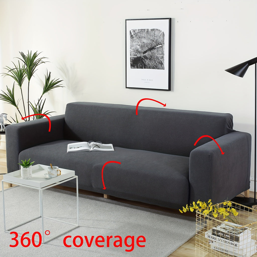 Housse de canapé extensible en polaire jacquard à maille gaufrée anti-griffes, mise en situation
