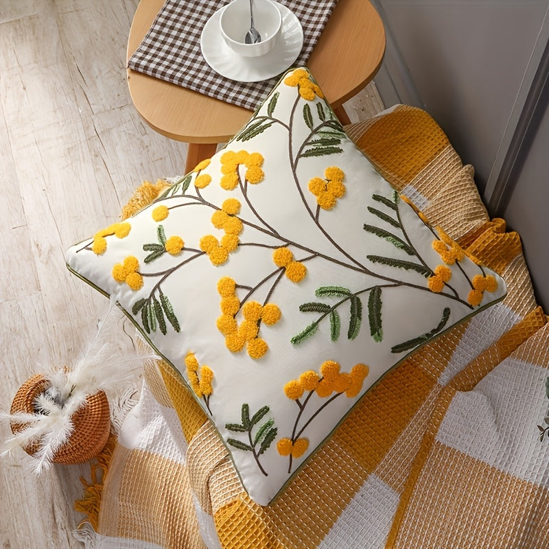 Housse de coussin en polyester à motif fleuri à fermeture éclair, gros plan sur le tissu
