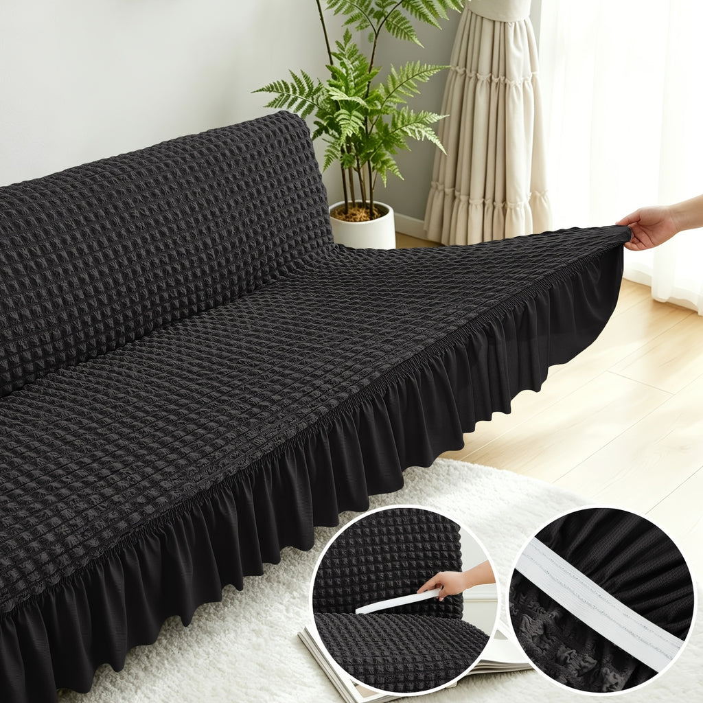 Housse de canapé extensible en jacquard à volants, gros plan sur le tissu