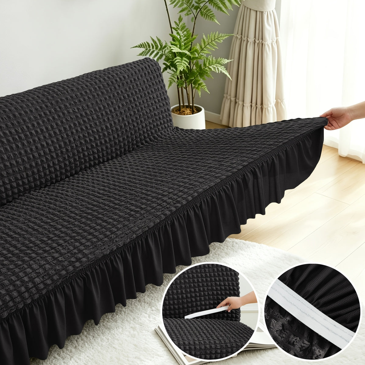 Housse de canapé extensible en jacquard à volants, gros plan sur le tissu
