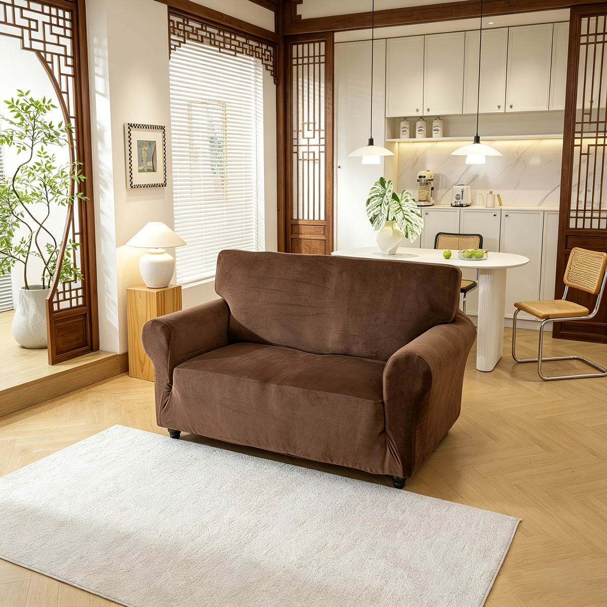 Housse de canapé extensible en velours, gros plan sur le tissu