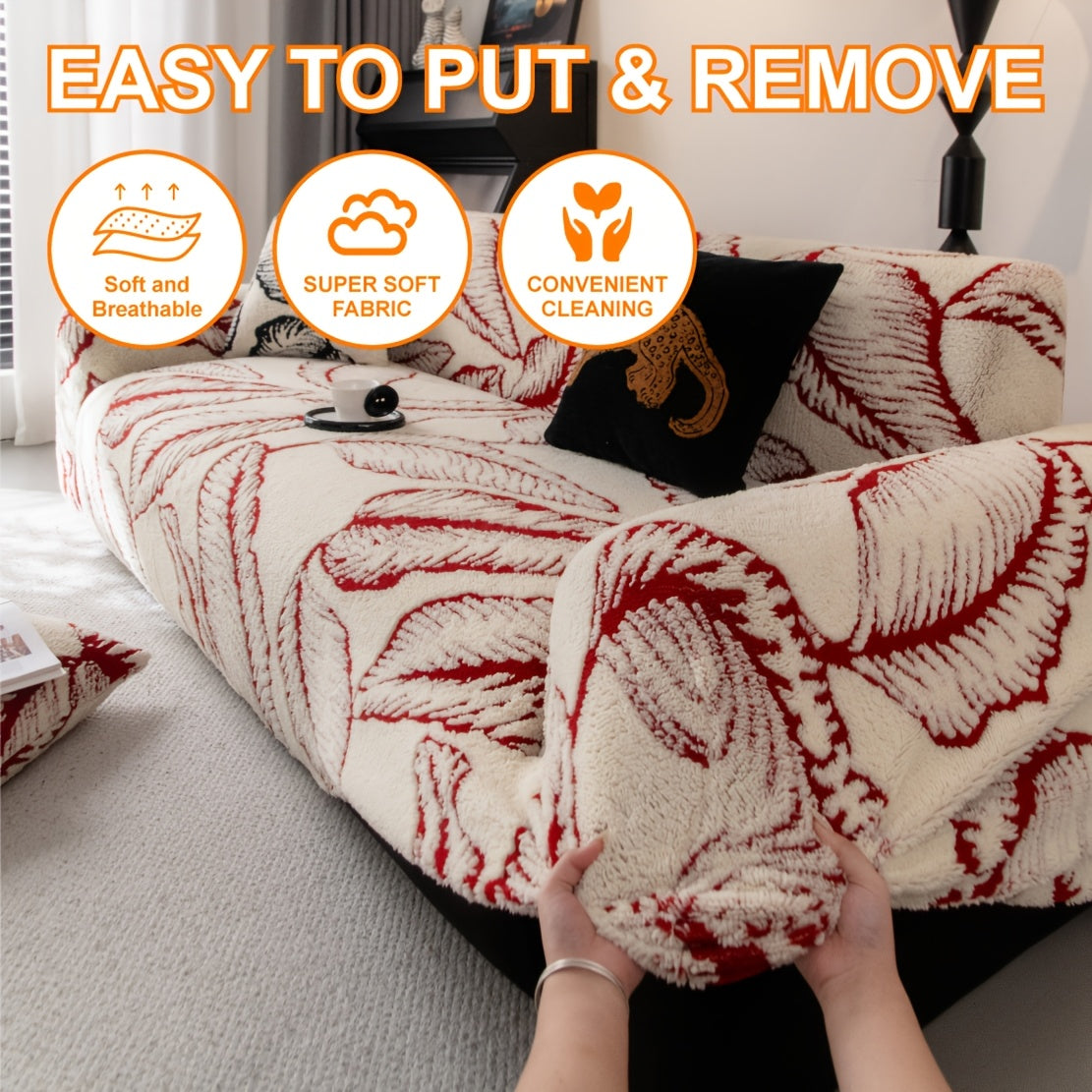 Housse de canapé extensible en velours jacquard à motif feuillage, vue de dos