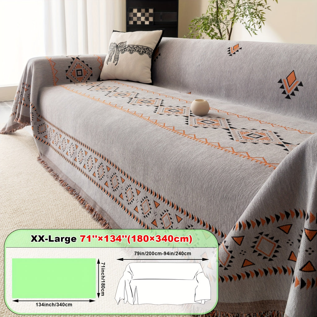 Housse de canapé épaisse en chenille jacquard d'esprit bohème, gros plan sur le tissu