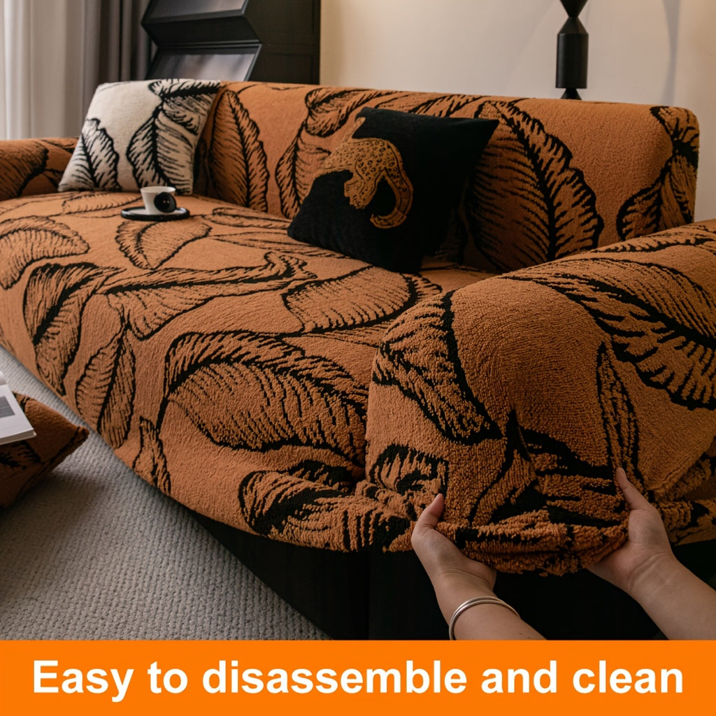 Housse de canapé extensible en peluche à motif feuillage, visuel produit
