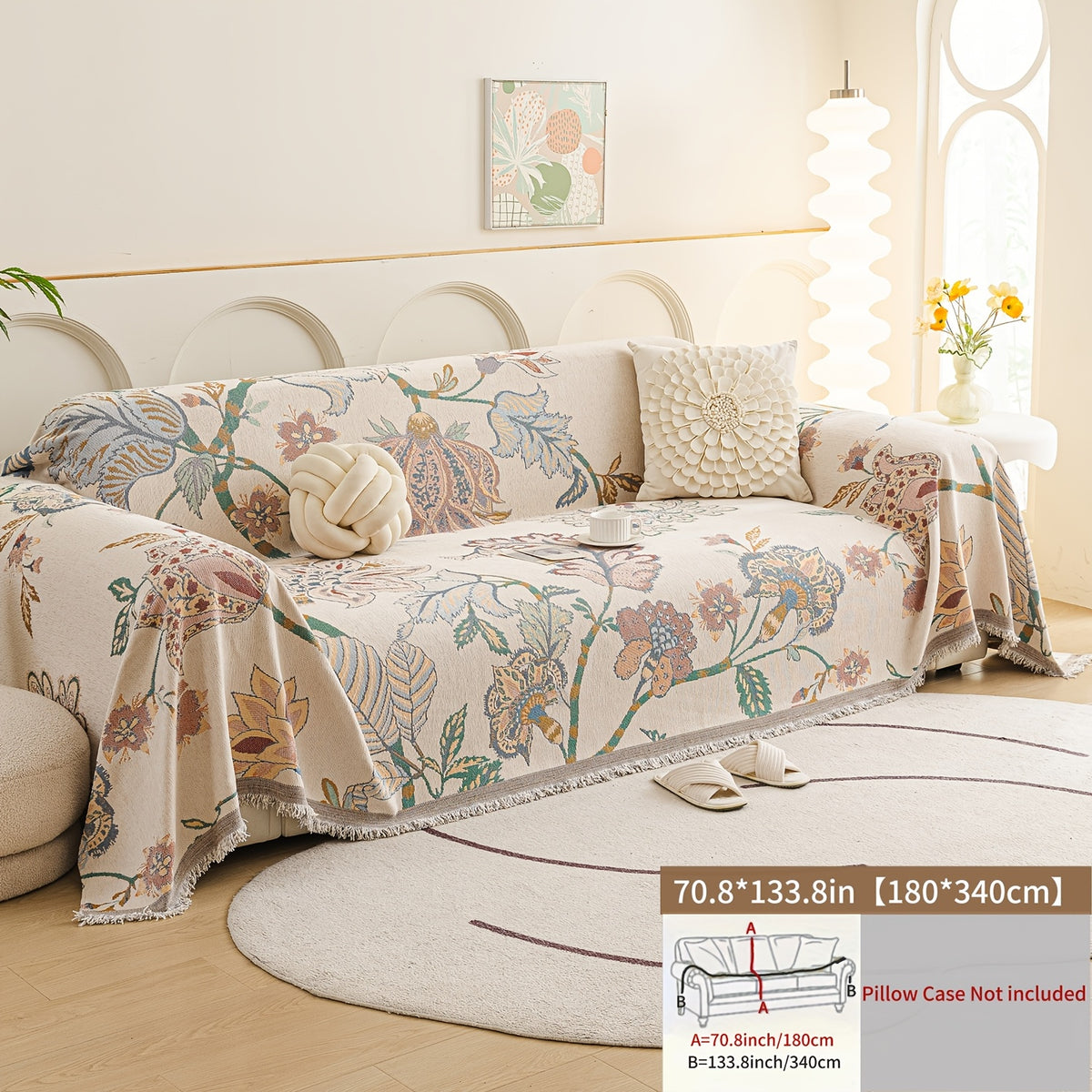 Housse de canapé en chenille jacquard à motif fleuri antidérapante, gros plan sur le tissu
