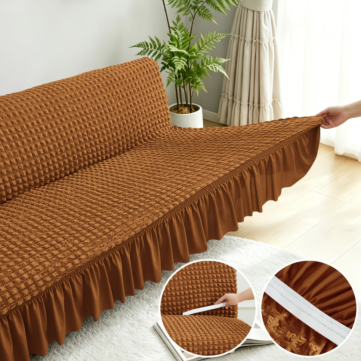 Housse de canapé extensible en jacquard à volants, vue d'ensemble