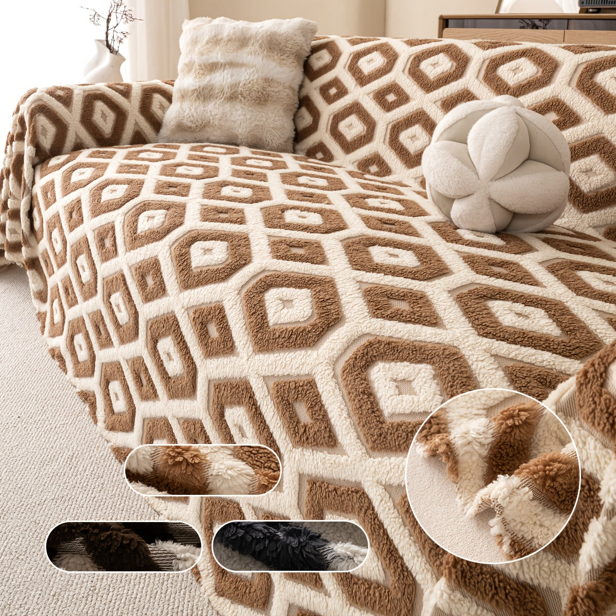 Housse de canapé en velours peluche à carreaux, gros plan sur le tissu