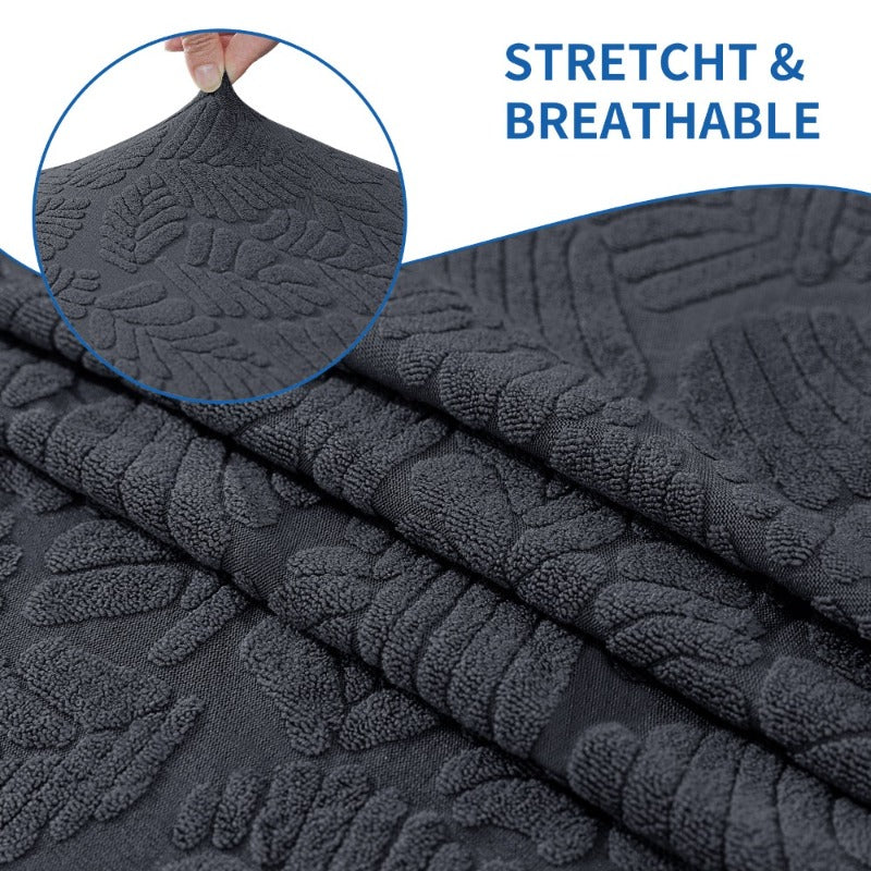 Housse de canapé extensible en jacquard à rayures, détail de l'ourlet
