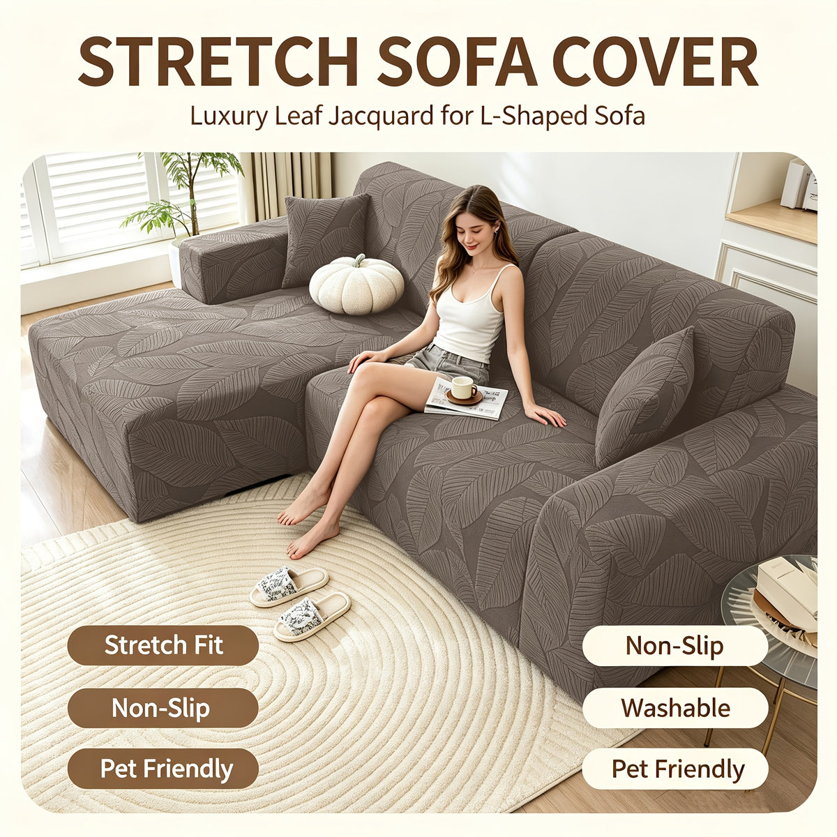 Housse de canapé extensible en polaire jacquard à motif feuillage au rendu, autre coloris