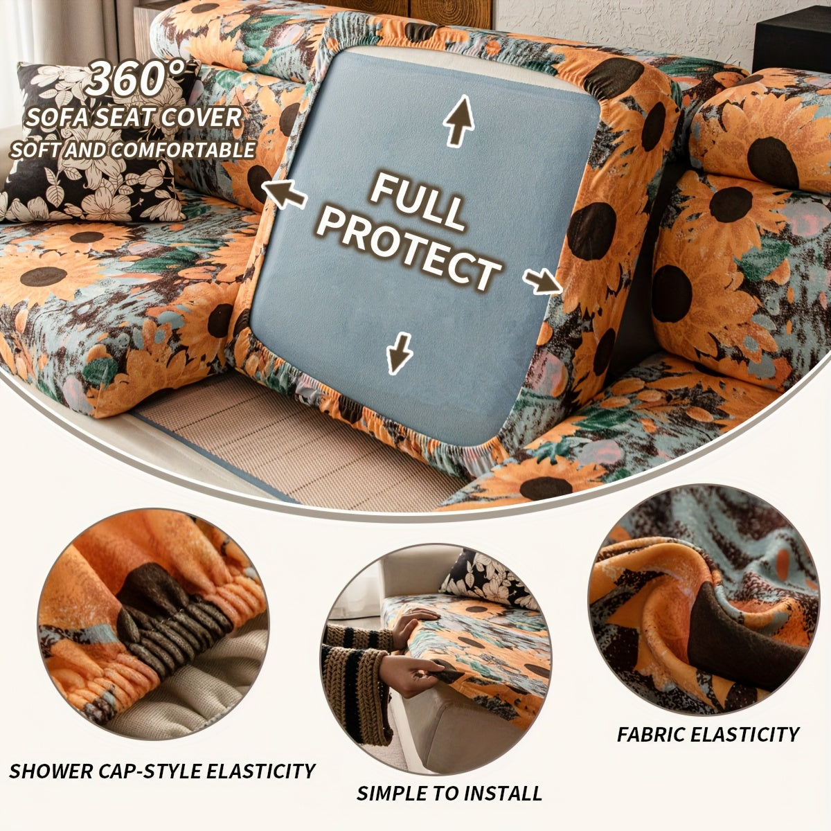Housse de canapé extensible en polaire matelassée à motif tournesol, détail de la finition