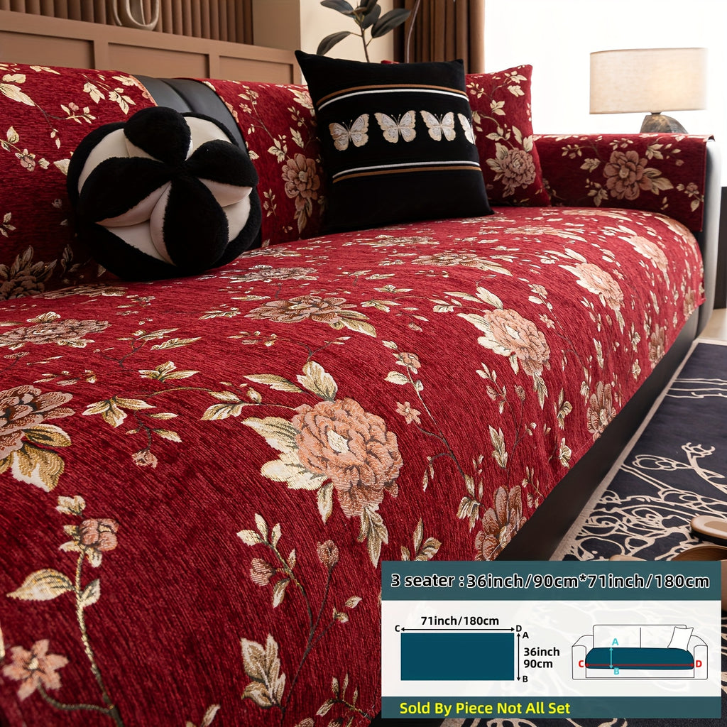 Housse de canapé en chenille jacquard à motif pivoine antidérapante, autre coloris