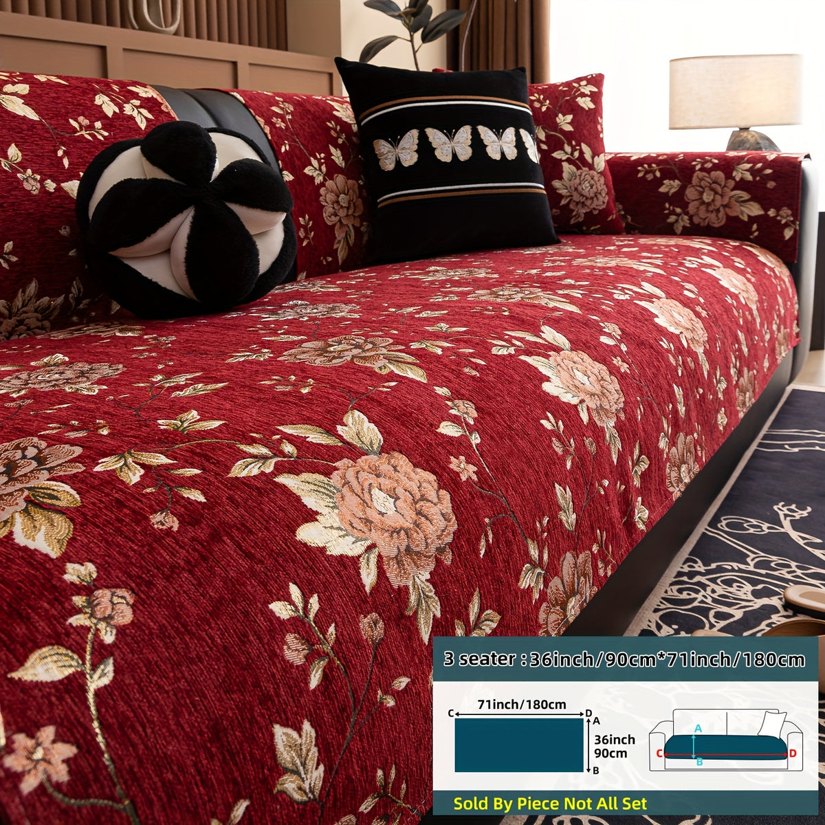 Housse de canapé en chenille jacquard à motif pivoine antidérapante, autre coloris
