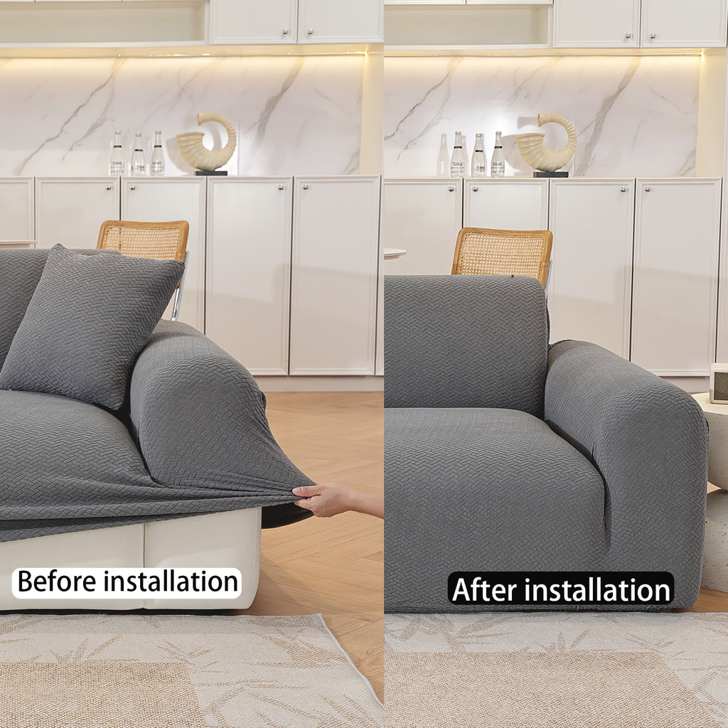 Housse de canapé extensible en polaire jacquard, détail de l'ourlet