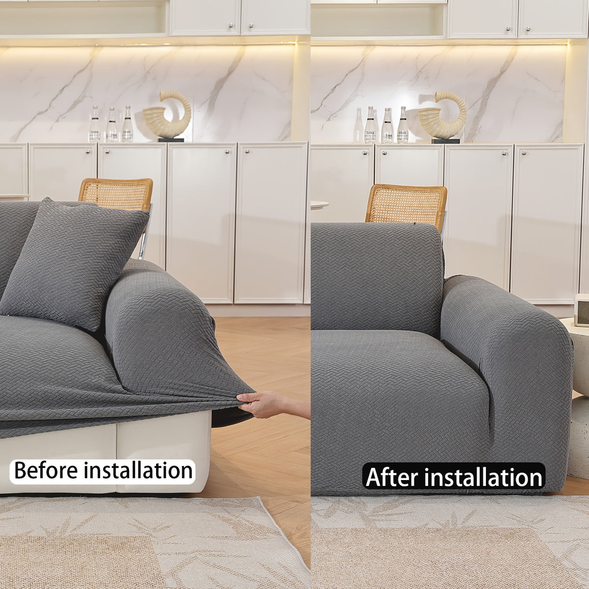Housse de canapé extensible en polaire jacquard, détail de l'ourlet