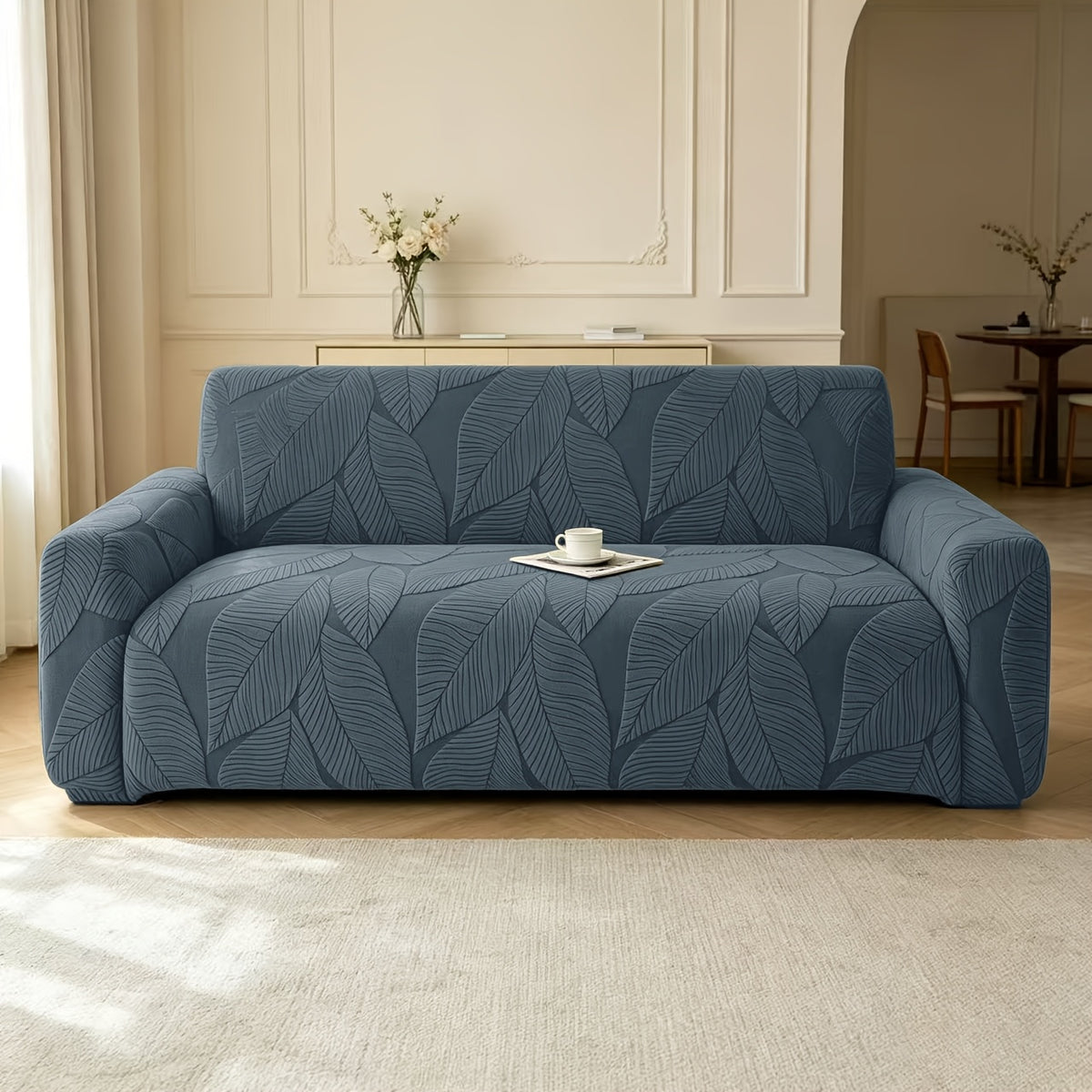 Housse de canapé extensible en polaire jacquard à motif feuillage, vue de dos