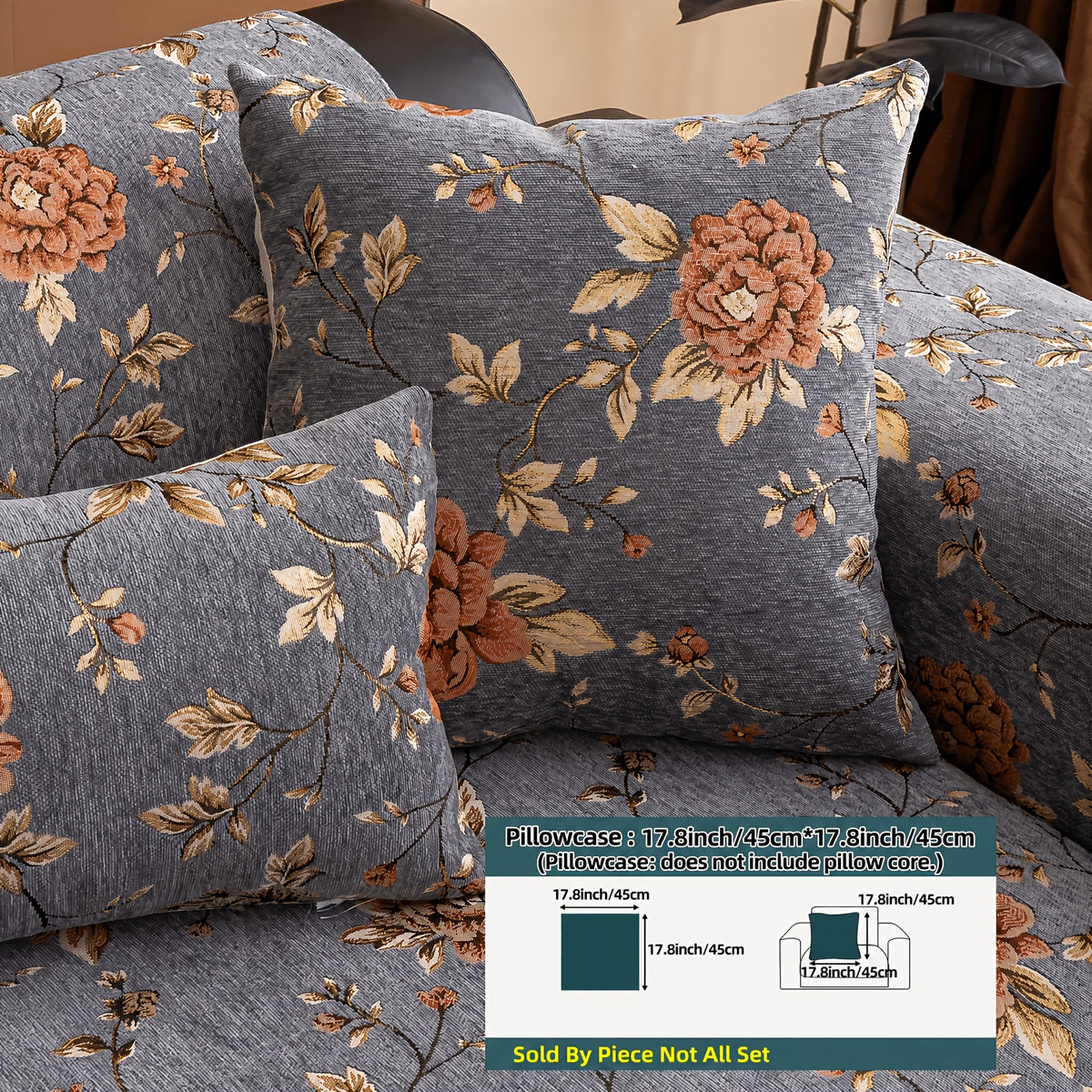 Housse de canapé en chenille jacquard à motif pivoine antidérapante, vue de dos
