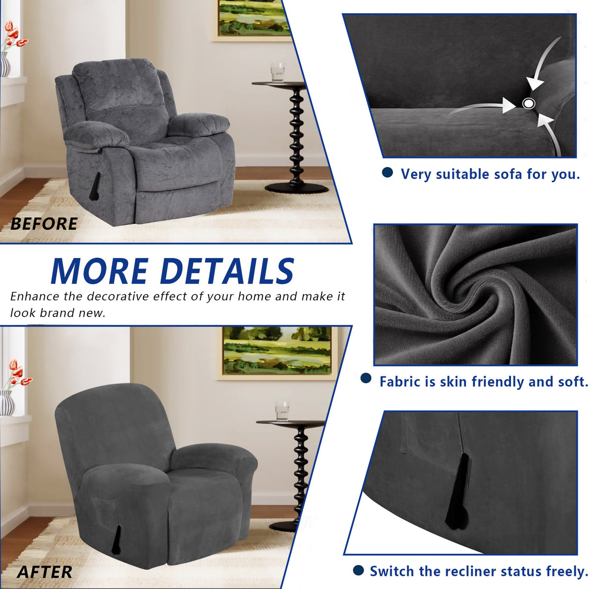 Housse de canapé extensible en velours, détail de l'ourlet