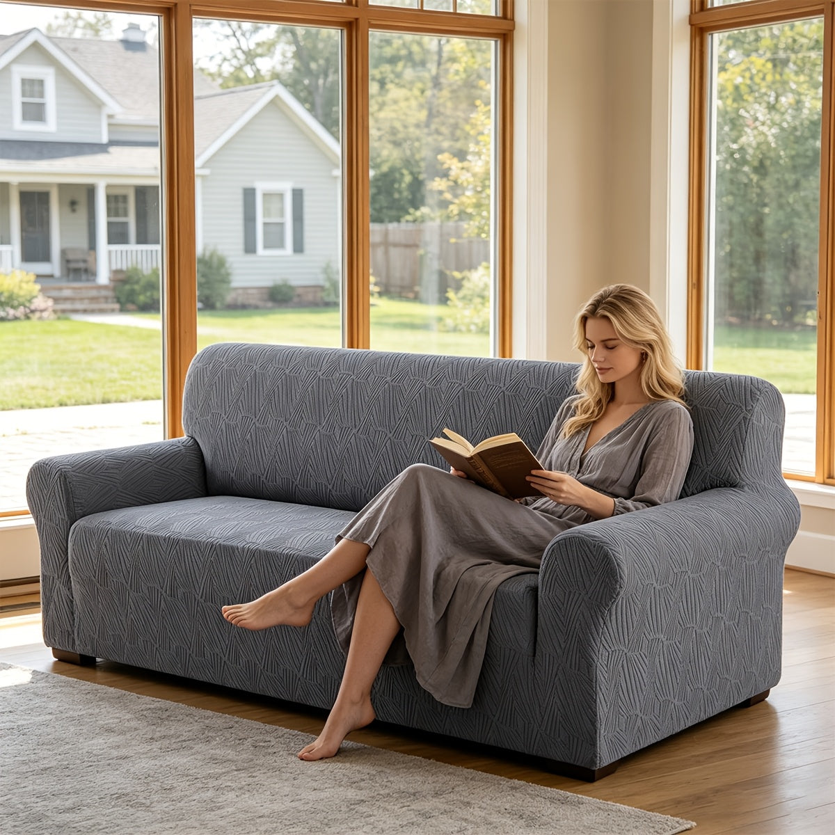Housse de canapé extensible en polaire jacquard, gros plan sur le tissu