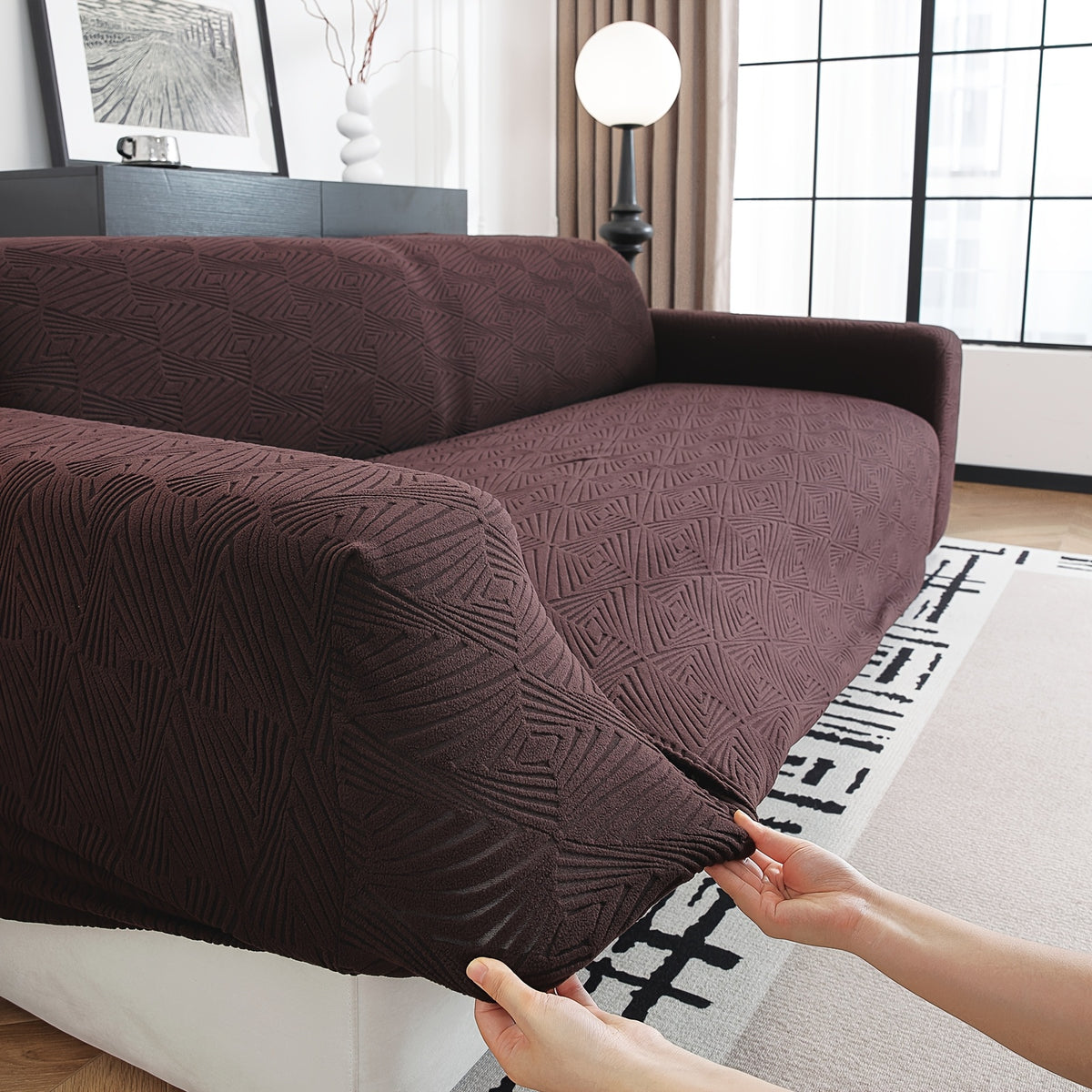 Housse de canapé extensible en polaire jacquard à rayures antidérapante, tissu de 200 à 250 g/m²